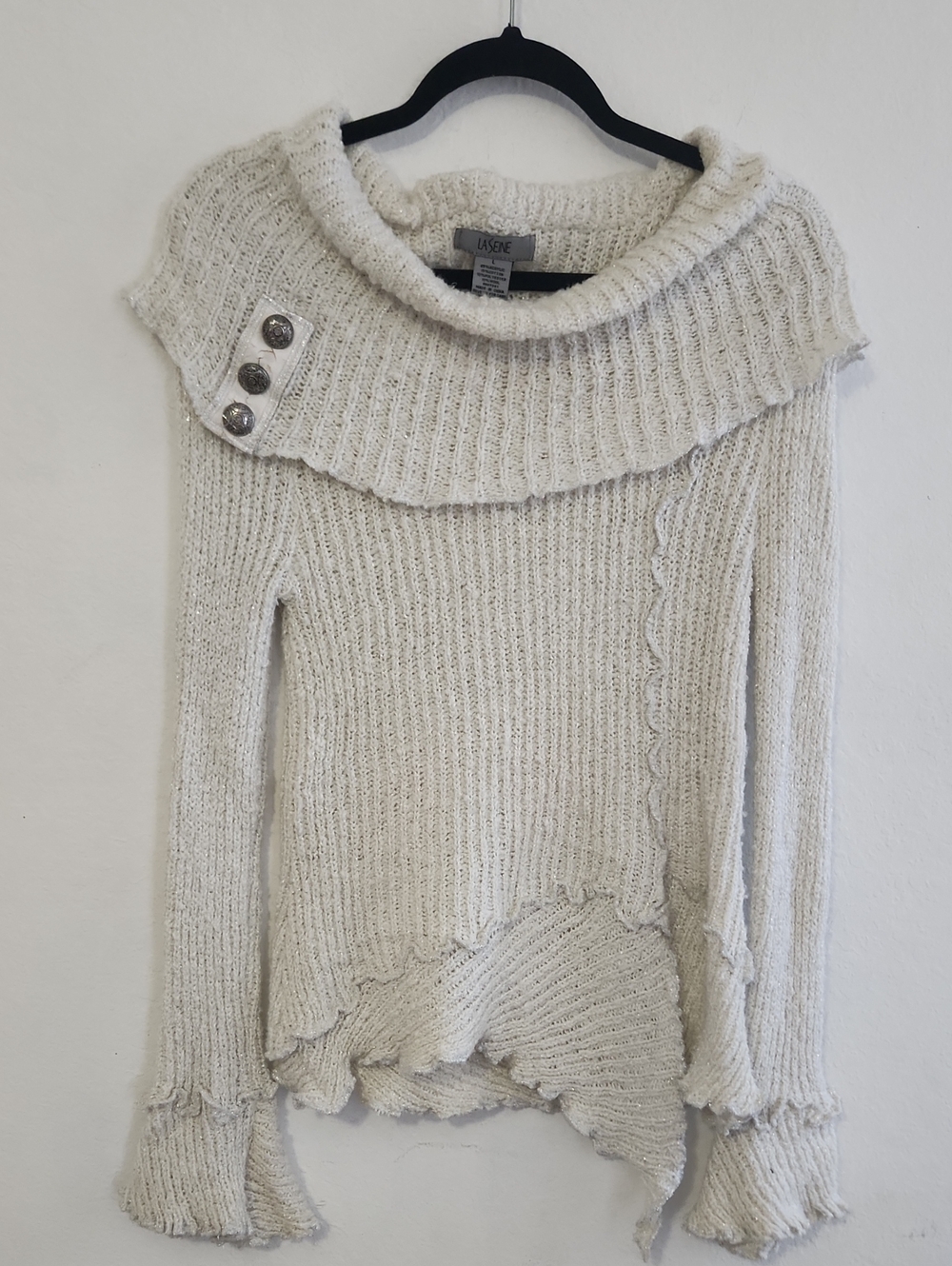 Y2k Fairycore Off Shoulder Cowl Neck Asymmetrical Knit Sweater Cream Sparkle L